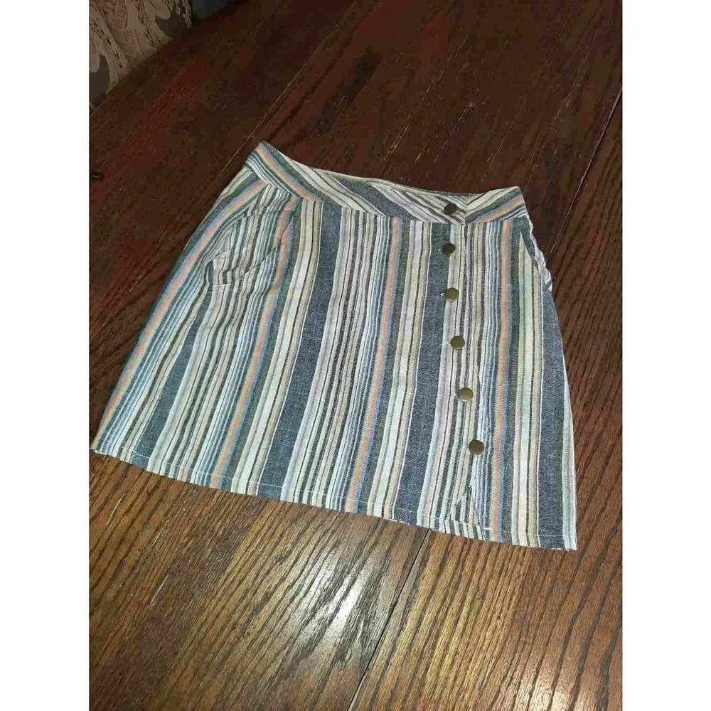 Small Alterd State Multi Color Striped Off Set Front Button Mini Skirt Pockets